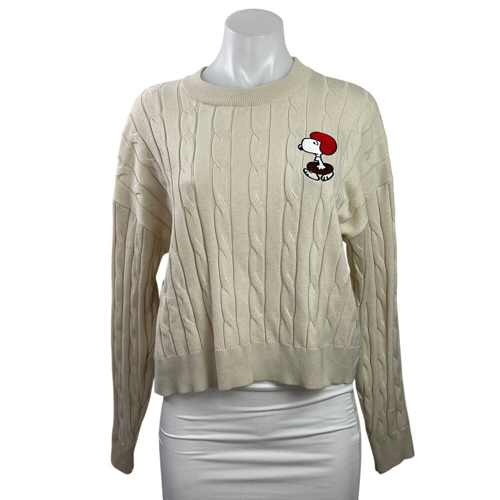 Aeropostale Peanuts Snoopy Football Cream Cable Knit Long Sleeve Sweater Top M
